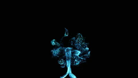 3d ink effect of advection, luminous blue particles float in liquid. Glow Stock Footage 114625805