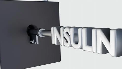 A 3d "INSULIN" key unlocking a padlock. Ilustración de archivo