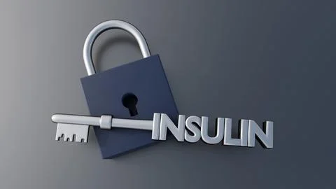 A 3d "INSULIN" key unlocking a padlock. Stock Illustration