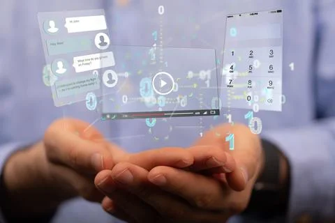 3d Interface digital web application in hands with blue background Stock Photos