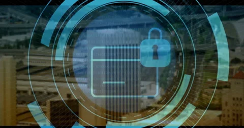 3D interface showing folder and padlock icons locking with binary code scrolling Stock Footage 307454263