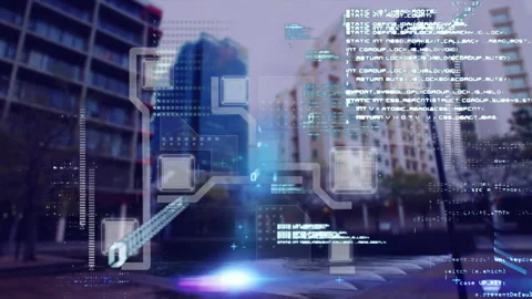 3D interface starting with grids on plaza and nodes connecting network for data Video stock 311900801