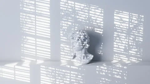 3D interior animation of light room with blind window shadow and bust of David Stock Footage 256233510