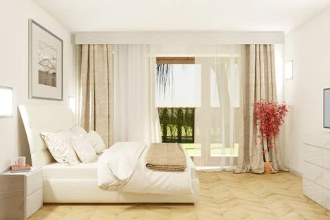 3d Interior bedroom with deck and wooden floor lateral view Stock Illustration
