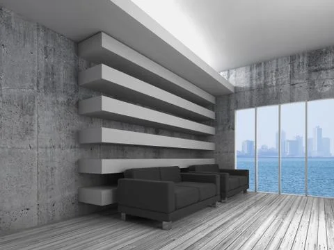3d interior, black sofas and modern city skyline Illustrazione stock