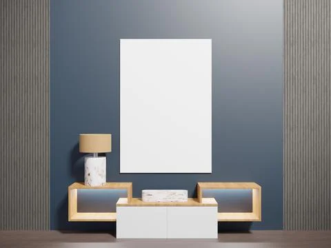 3d interior of a cabinet with a scroll, a lamp on it. Poster design on a gray Stock Illustration