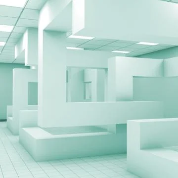 3d interior with chaotic geometric installation Stock Illustration