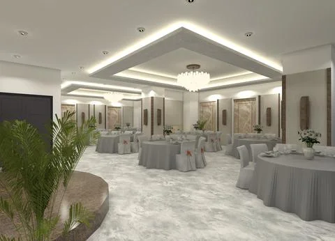 A 3D interior concept for an upscale restaurant dining room Ilustración de archivo
