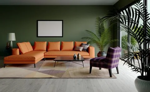 3D interior design of a bright living room. Иллюстрация