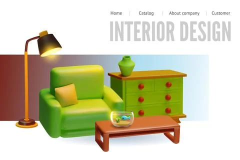 3D interior design. Vector website banner with armchair, lamp, chest of drawers Stock Illustration