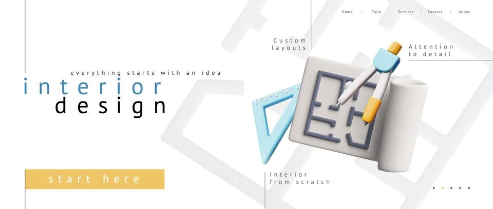 3D interior design website page with a blueprint, ruler, and compass. Stock Illustration