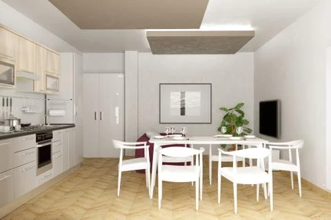 3d Interior dining table with kitchenette Stock Illustration