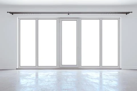 3d interior mock up with big windows and white walls Ilustración de archivo