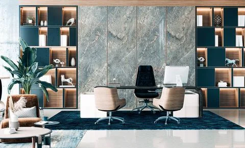3d interior office room with desk and armchairs Stock Illustration