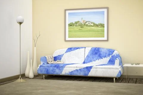 3d interior render image of a Bavarian colors sofa in a nice room Stock Illustration
