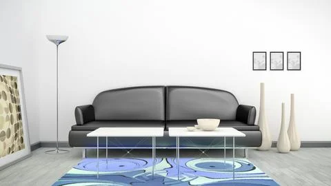 3d interior render image of a black sofa in a white room with space for your Stock Illustration