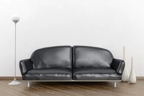 3d interior render image of a black sofa in a white room with space for your Stock Illustration