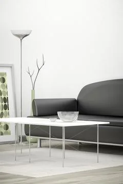 3d interior render image of a black sofa in a white room with space for your Stock Illustration