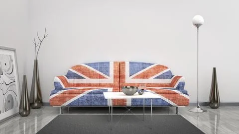 3d interior render image of an Great Britain flag sofa in a room with space for Stock Illustration