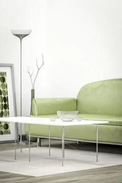 3d interior render image of a green sofa in a white room with space for your Stock Illustration