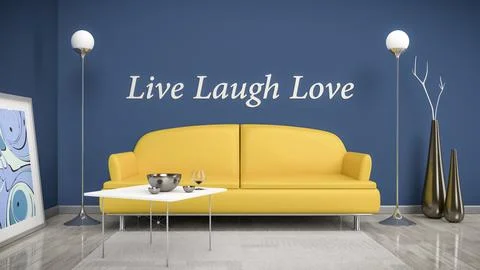 3d interior render image of an orange sofa in a blue room with the text live Stock Illustration