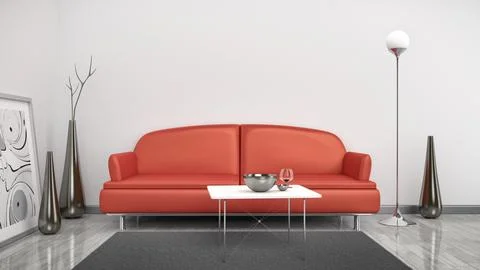 3d interior render image of a red sofa in a white room with space for your Stock Illustration
