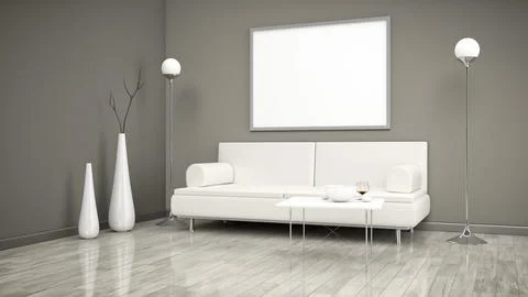 3d interior render image of a room with a sofa and a white picture frame for Stock Illustration