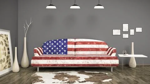 3d interior render image of an usa flag sofa in a room with a cow skin Stock Illustration
