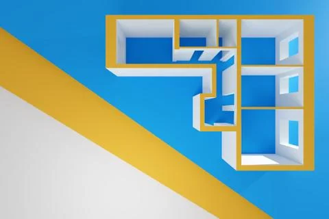 3d interior rendering of an empty paper model of an apartment house with thre Illustrazione stock