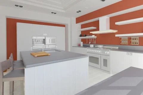 3D Interior rendering of a modern kitchen Stock Illustration