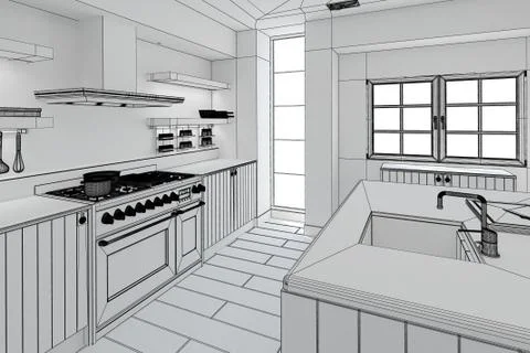 3D Interior rendering of a modern kitchen Stock Illustration