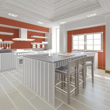 3D Interior rendering of a modern kitchen Stock Illustration