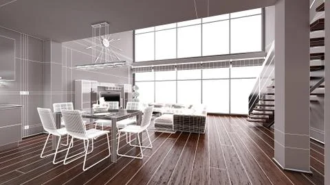 3D Interior rendering of a modern tiny loft Illustrazione stock