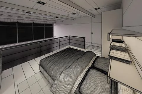 3D Interior rendering of a modern tiny loft Stock Illustration