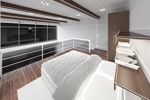 3D Interior rendering of a modern tiny loft Stock Illustration
