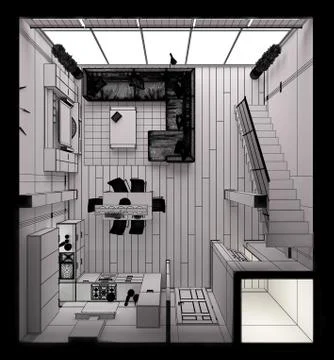 3D Interior rendering of a modern tiny loft Stock Illustration