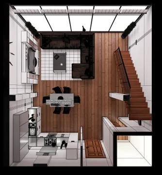 3D Interior rendering of a modern tiny loft Stock Illustration