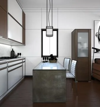 3D interior rendering of a small loft with textures Stock Illustration