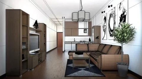 3D interior rendering of a small loft with textures Stock Illustration