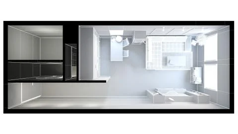 3D interior rendering of a small loft without textures Illustrazione stock