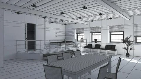 3D Interior rendering of a tiny loft Illustrazione stock