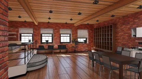 3D Interior rendering of a tiny loft Illustrazione stock