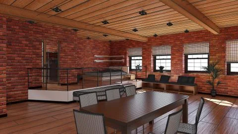 3D Interior rendering of a tiny loft Illustrazione stock