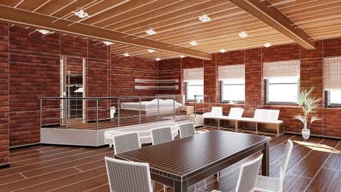 3D Interior rendering of a tiny loft 库存插图