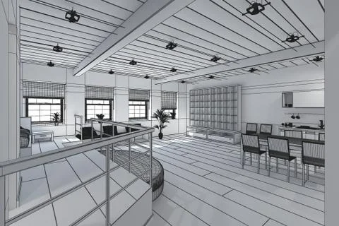 3D Interior rendering of a tiny loft イラスト素材