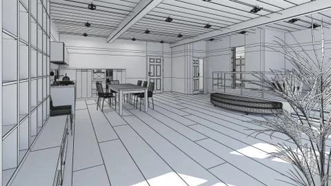 3D Interior rendering of a tiny loft 库存插图