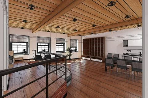 3D Interior rendering of a tiny loft イラスト素材