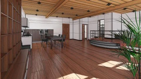 3D Interior rendering of a tiny loft Illustrazione stock