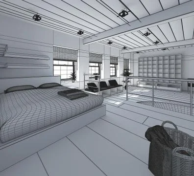 3D Interior rendering of a tiny loft 스톡 일러스트