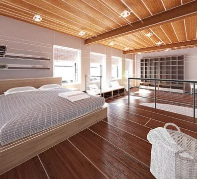 3D Interior rendering of a tiny loft 库存插图